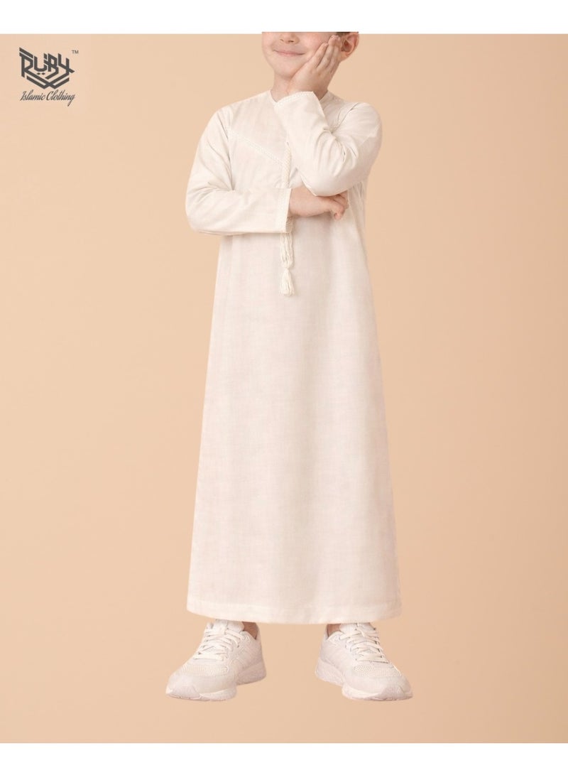 RUBY ISLAMIC CLOTHING Classic Off White Emirati Thobe kandura for Children & kids with Intricate Embroidery kandura Kaftan Round Neck Long Sleeve Saudi Arabian Muslim Robe - Image 4